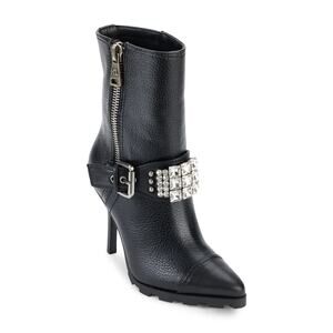Karl Lagerfeld Mable Bootie Buckle Studded Rhinestone Leather Black Size 7M